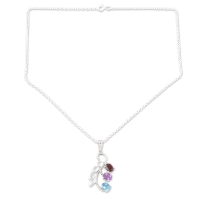 Rhodium-plated multi-gemstone pendant necklace, 'Three of a Kind' - Rhodium-Plated Garnet and Amethyst Pendant Necklace