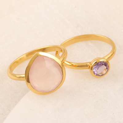 Gold-plated gemstone stacking rings, 'Reminder of You' (pair) - Handmade Gold-Plated Gemstone Stacking Rings (Pair)