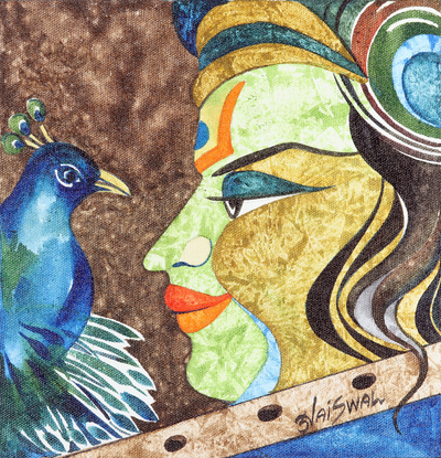 'Emotion' - Pintura acrílica india con motivo de pájaro