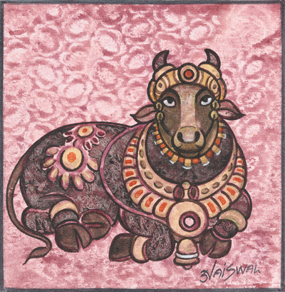 'Nandi' - Pintura acrílica india sobre lienzo con temática de toros