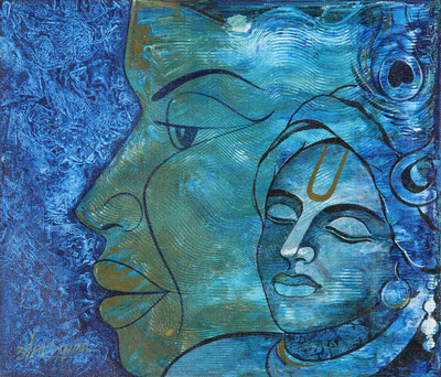 'Dhyan' - Blaues Acryl-Porträtgemälde aus Indien