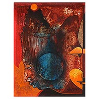 „Lanka Dahan“ – Rotes abstraktes Acrylgemälde auf Leinwand