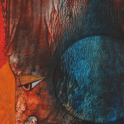 'Lanka Dahan' - Pintura acrílica abstracta roja sobre lienzo
