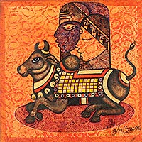 'Shivalaya' - Orange Bull Painting on Canvas