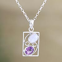 Amethyst and rainbow moonstone pendant necklace, 'Best Mates in Purple' - Indian Amethyst and Rainbow Moonstone Pendant Necklace