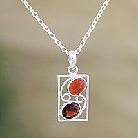 Garnet and carnelian pendant necklace, 'Best Mates in Red' - Handmade Indian Garnet and Carnelian Pendant Necklace