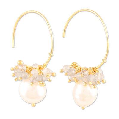 Gold-Plated Pearl and Labradorite Half-Hoop Earrings