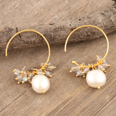 Gold-plated cultured pearl and labradorite half-hoop earrings, 'Sumptuous Soiree' - Gold-Plated Pearl and Labradorite Half-Hoop Earrings