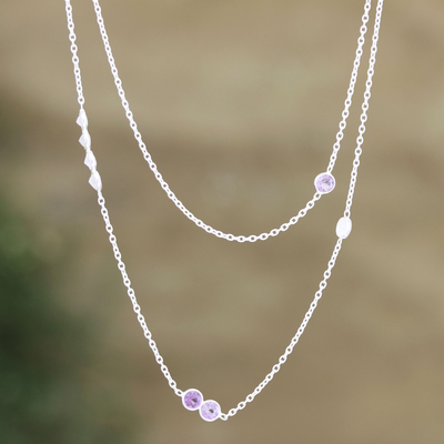 Amethyst and rainbow moonstone station necklace, 'Casual Elegance' - Rainbow Moonstone and Amethyst Station Necklace