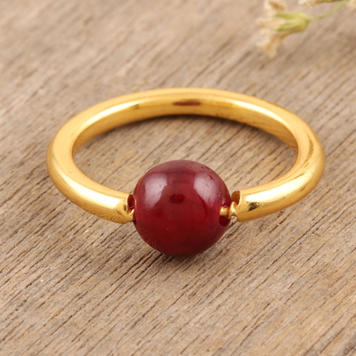 Gold-plated ruby single stone ring, 'Return to Saturn in Red' - Gold-Plated Ruby Single Stone Ring from India