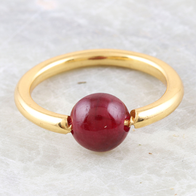 Gold-plated ruby single stone ring, 'Return to Saturn in Red' - Gold-Plated Ruby Single Stone Ring from India