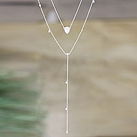 Rainbow moonstone and cubic zirconia y-necklace, 'Above the Clouds'