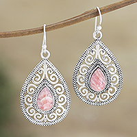 Rhodochrosite dangle earrings, 'Paean' - Artisan Handmade Rhodochrosite Earrings