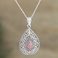 Rhodochrosite pendant necklace, 'Paean' - Ornate Rhodochrosite Pendant Necklace