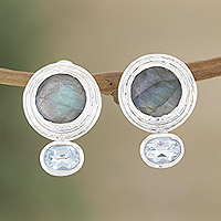 Labradorite and blue topaz drop earrings, 'Depth of Sea' - Hand Crafted Labradorite and Blue Topaz Drop Earrings