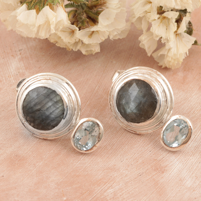 Labradorite and blue topaz drop earrings, 'Depth of Sea' - Hand Crafted Labradorite and Blue Topaz Drop Earrings