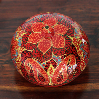 Papier mache decorative box, 'Scarlet Grandeur' - Handmade Red Papier Mache Floral Motif Treasure Box
