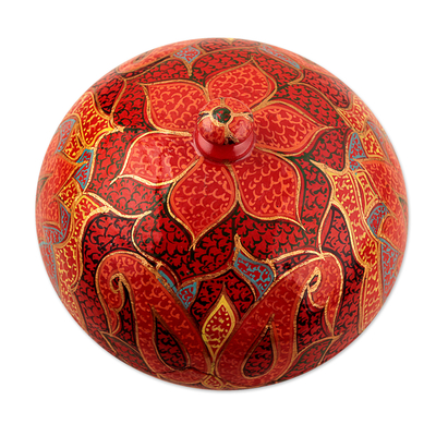 Dekorative Schachtel aus Pappmaché, 'Scarlet Grandeur'. - Handgefertigte rote Pappmaché-Schatzkiste mit Blumenmotiv