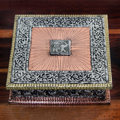 Embossed metal jewellery box, 'Royal Greetings' - Velvet-Lined Metal jewellery Box