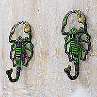 Brass wall hooks, 'Scorpion Duo' (pair)