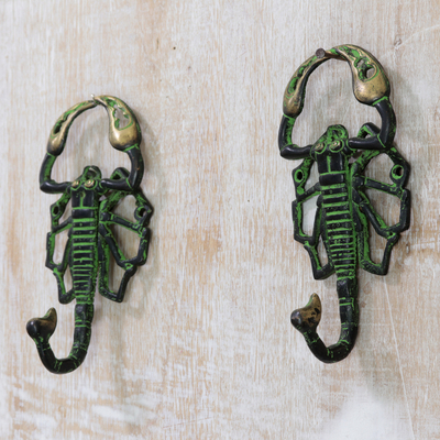 Brass wall hooks, 'Scorpion Duo' (pair) - Artisan Crafted Brass Wall Hooks (Pair)