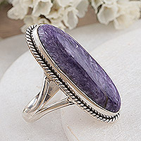 Charoite cocktail ring, 'Storm Cloud' - Handmade Charoite and Sterling Silver Cocktail Ring