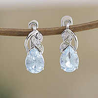 Rhodium-plated blue topaz and cubic zirconia drop earrings, 'Free People in Blue'