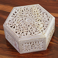 Soapstone jewelry box, 'Jali Forest' - Handcrafted Leaf Motif Soapstone Jewelry Box from India