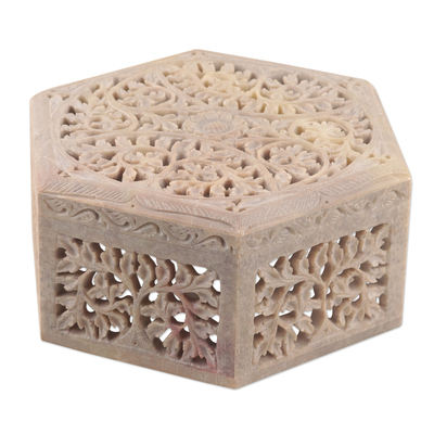 Soapstone jewellery box, 'Jali Forest' - Handcrafted Leaf Motif Soapstone jewellery Box from India