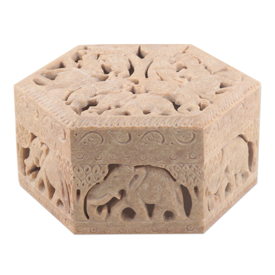Soapstone jewellery box, 'Jungle Unity' - Handcrafted Animal Motif Soapstone jewellery Box from India