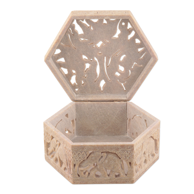 Soapstone jewelry box, 'Jungle Unity' - Handcrafted Animal Motif Soapstone Jewelry Box from India