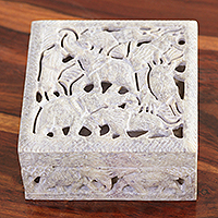 Soapstone jewelry box, 'Jungle Harmony' - Handcrafted Animal Motif Soapstone Jewelry Box from India