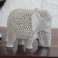 Soapstone sculpture, 'Expecting Elephant' - Natural Soapstone Jali Sculpture of an Elephant Mom