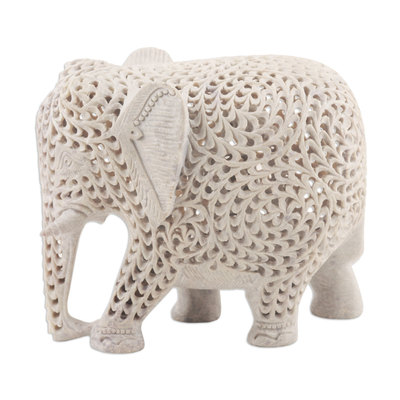 Soapstone sculpture, 'Expecting Elephant' - Natural Soapstone Jali Sculpture of an Elephant Mom