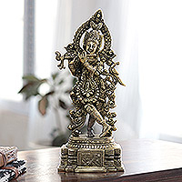 Messingfigur, „Musikalischer Krishna mit Flöte“ – Verzierte Krishna-Messingfigur aus Indien