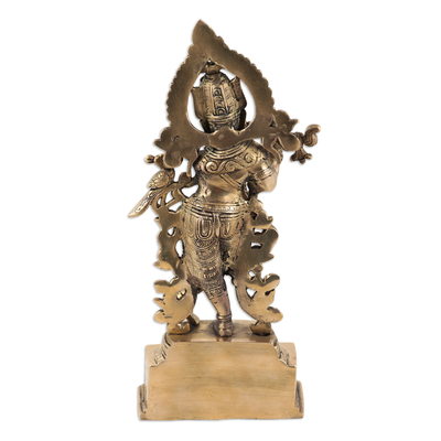 Brass figurine, 'Musical Krishna with Flute' - Ornate Krishna Brass Figurine from India