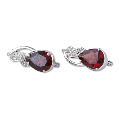 Rhodium-plated garnet and cubic zirconia drop earrings, 'Red Glam' - Rhodium-Plated Drop Earrings with Garnet and Cubic Zirconia