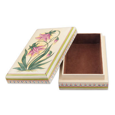 Papier mache jewelry box, 'Passionate Blossoms' - Handcrafted Floral Jewelry Box from India