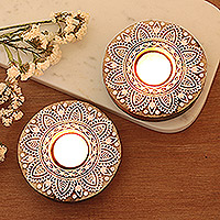 Wood tealight candle holders, 'Soft Shadows' (pair) - Indian Mango Wood Tealight Candle Holders (Pair)