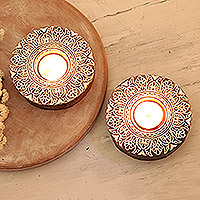 Wood tealight candle holders, 'Ignite the Flame' (pair) - Handmade Mango Wood Tealight Candle Holders (Pair)