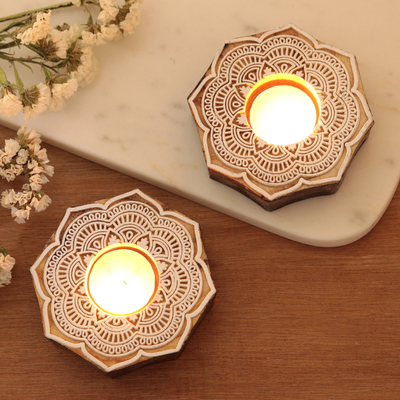 Wood tealight candle holders, Lotus Mandala (pair)