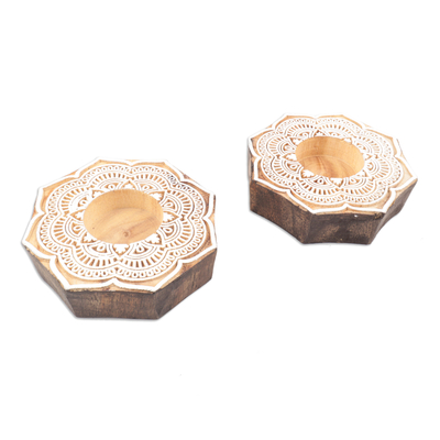 Wood tealight candle holders, 'Lotus Mandala' (pair) - Wood Tealight Candle Holders with Floral Motif (Pair)
