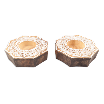 Wood tealight candle holders, 'Lotus Mandala' (pair) - Wood Tealight Candle Holders with Floral Motif (Pair)