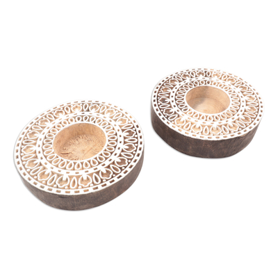 Wood tealight candle holders, 'Ignite the Light' (pair) - Artisan Crafted Mango Wood Tealight Candle Holders (Pair)