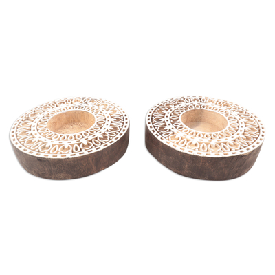 Wood tealight candle holders, 'Ignite the Light' (pair) - Artisan Crafted Mango Wood Tealight Candle Holders (Pair)