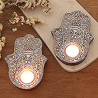 Wood tealight candle holders, 'Illuminated Hamsa' (pair) - Wood Hamsa Hand Tealight Candle Holders (Pair)