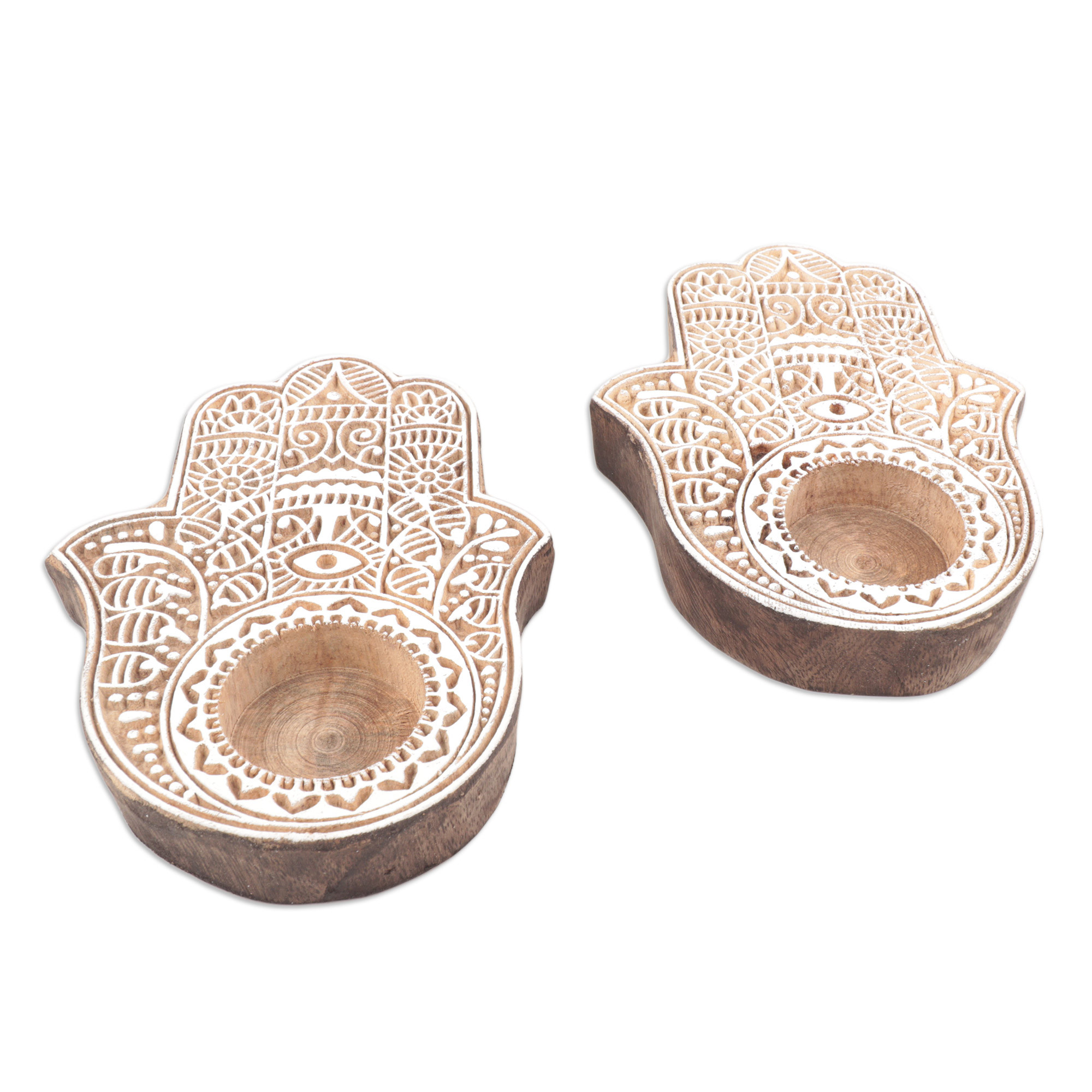 Wood Hamsa Hand Tealight Candle Holders (Pair) Illuminated Hamsa NOVICA