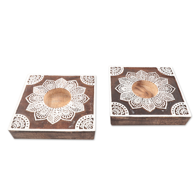 Wood tealight candle holders, 'Lucid Dream' (pair) - Handmade Mango Wood Tealight Candle Holders (Pair)