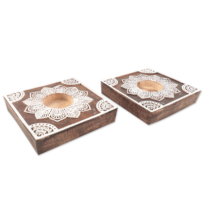 Wood tealight candle holders, 'Lucid Dream' (pair) - Handmade Mango Wood Tealight Candle Holders (Pair)