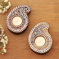 Wood tealight candle holders, 'Paisley Glow' (pair) - Mango Wood Paisley Tealight Candle Holders (Pair)